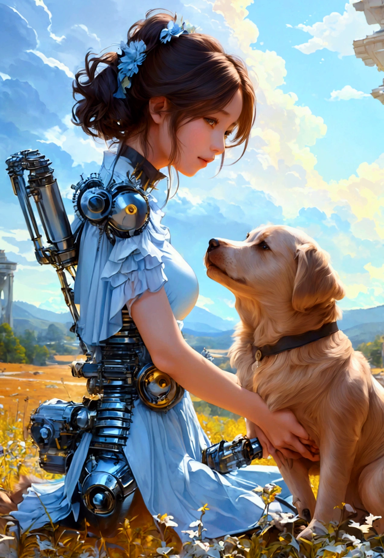 A girl with mechanically blended legs and a pet dog with mechanically blended legs_mechanical arms, mechanical legs, machines, through a vast and beautiful landscape, surrounded by lush nature, extremely low angle waist-up shot_view from below, radiant smile, delicate details, brown short hair_ponytail style, pale skin, (Best Quality, 4K, 8K, High Resolution, Masterpiece: 1.2), highly detailed, (Realistic: 1.37), official art, amazing, serene, inspiring, dramatic lighting, forest, (clear day_blue sky, cumulus clouds), natural beauty,