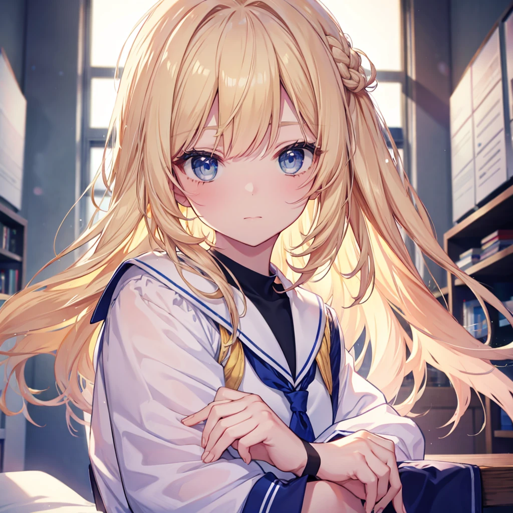 One woman((student,Embarrassing,Hand over the letter)) background,(classroom,Light shines in) Sailor suit woman holding letter,(Beige Hair,Long hair Blue eyes,avert your eyes),Front Anime style,The whole person