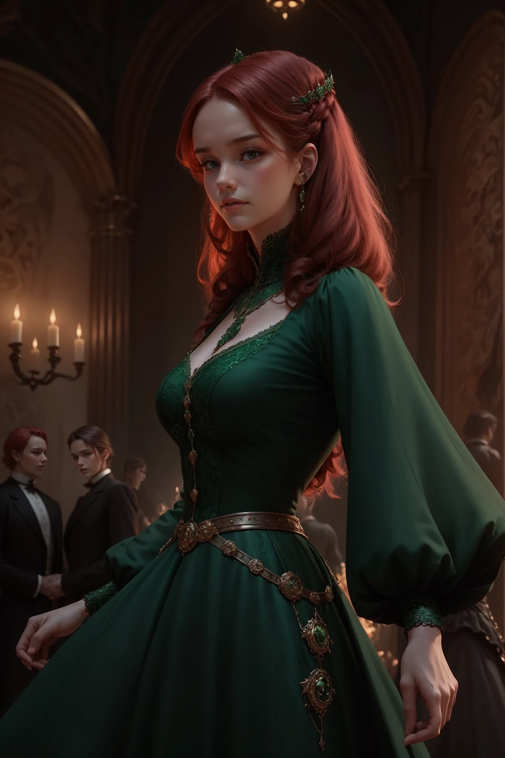 {-erro_de_anatomia:1.0} woman 40 years old, victorian era, queen clothes, (green dress), dark castle, a woman (alicent hightower), meddium dark red hair (dark red hair), (brown eyes) . Indifferent look , merciless. among the dragons, dinamic poses, egoist smile, upper body,