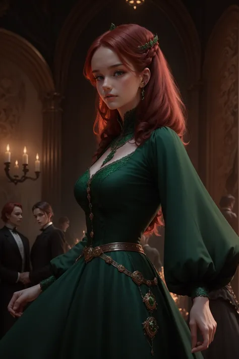 {-erro_de_anatomia:1.0} woman 40 years old, victorian era, queen clothes, (green dress), dark castle, a woman (alicent hightower...