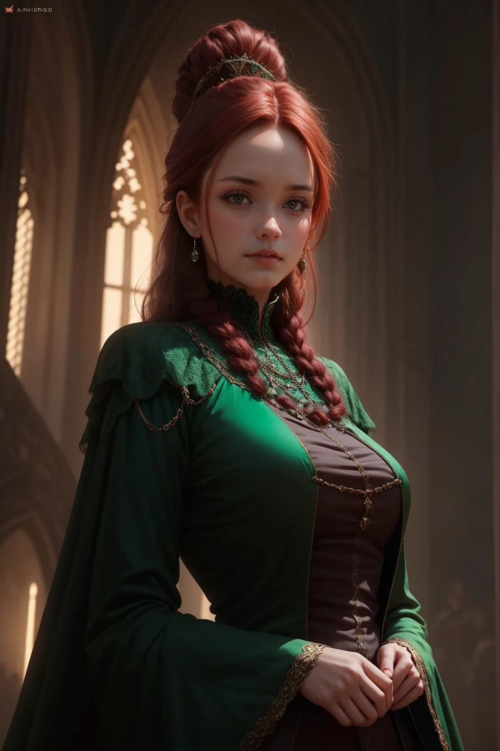 {-erro_de_anatomia:1.0} woman 40 years old, victorian era, queen clothes, (green dress), dark castle, a woman (alicent hightower), meddium dark red hair (dark red hair), (brown eyes) . Indifferent look , merciless. among the dragons, dinamic poses, egoist smile, upper body,