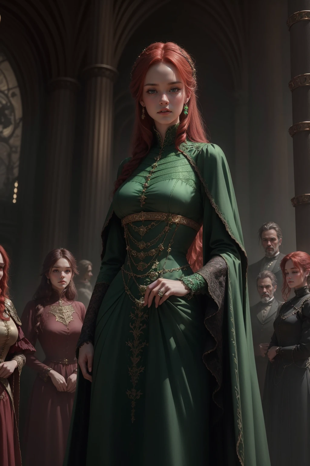 {-erro_de_anatomia:1.0} woman 40 years old, victorian era, queen clothes, (green dress), dark castle, a woman (alicent hightower), meddium dark red hair (dark red hair), (brown eyes) . Indifferent look , merciless. among the dragons, dinamic poses, egoist smile, upper body,