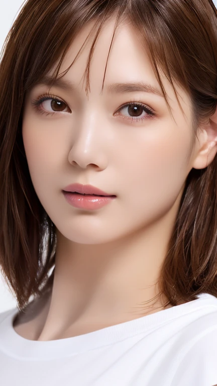 (Highest quality、8k、32K、masterpiece)、(Realistic)、(Realistic:1.2)、(High resolution)、Very detailed、Very beautiful face and eyes、1 girl、Round and small face、Tight waist、Delicate body、(close、Highest quality、Attention to detail、Rich skin detail)、(Highest quality、8k、Oil paints:1.2)、Very detailed、(Realistic、Realistic:1.37)、Bright colors、(((blush)))、(((I am brunette)))、(((From the chest up)))、((short hair))、(((Pure white wall background)))、(((She is wearing a white T-shirt)))、jeans、(((Pure white wall background)))、(((It is a short-sleeved T-shirt)))、No makeup、No makeup