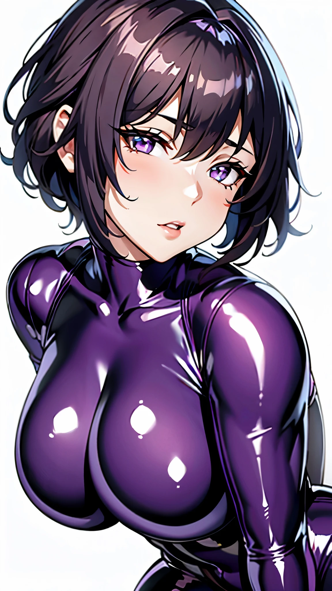 (masterpiece:1.2, Highest quality,High resolution,Very detailed),8k,wallpaper,(1 female:1.6),Mature Woman,Big Breasts,Thick thighs,Beautiful Face,Detailed face,Long eyelashes,Droopy eyes,Beautiful Eyes,(((Lewd and vulgar expression,Dreamy look))),(Very shiny purple latex bodysuit:1.6),(Detailed hands),(Hand,detailed,perfect,perfection,hands),(leaning forward),(((White background:1.6)))