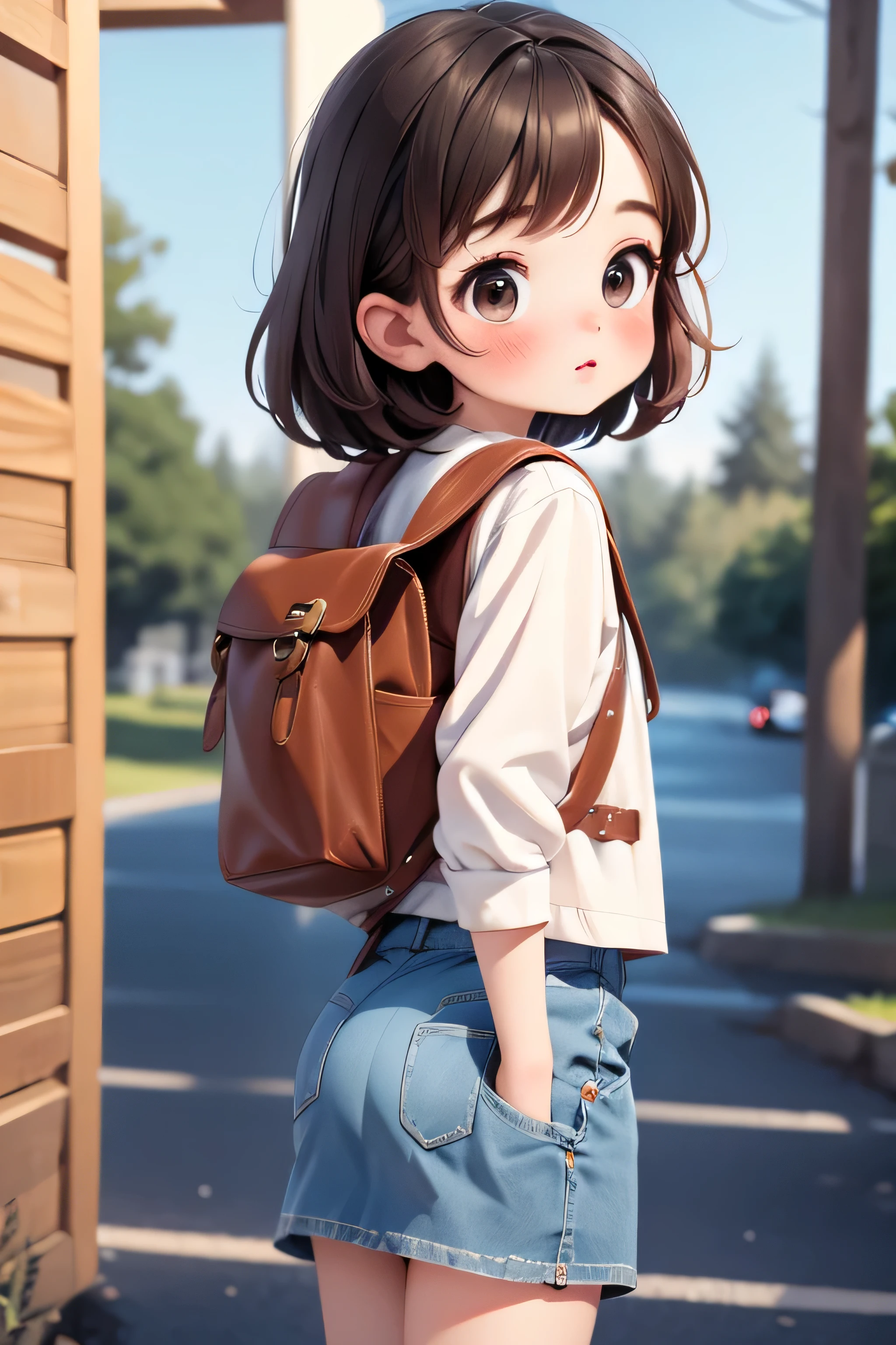 masterpiece, Highest quality, Official Art, 32k wallpapers, Very detailed, shape, One cute , Brown Hair，Wide Hips，Big Ass，A plump round ass, Tight denim skirt，Sailor Top，Backpack，Are standing, From the side，From the back，surprised，Bruises and gestures，