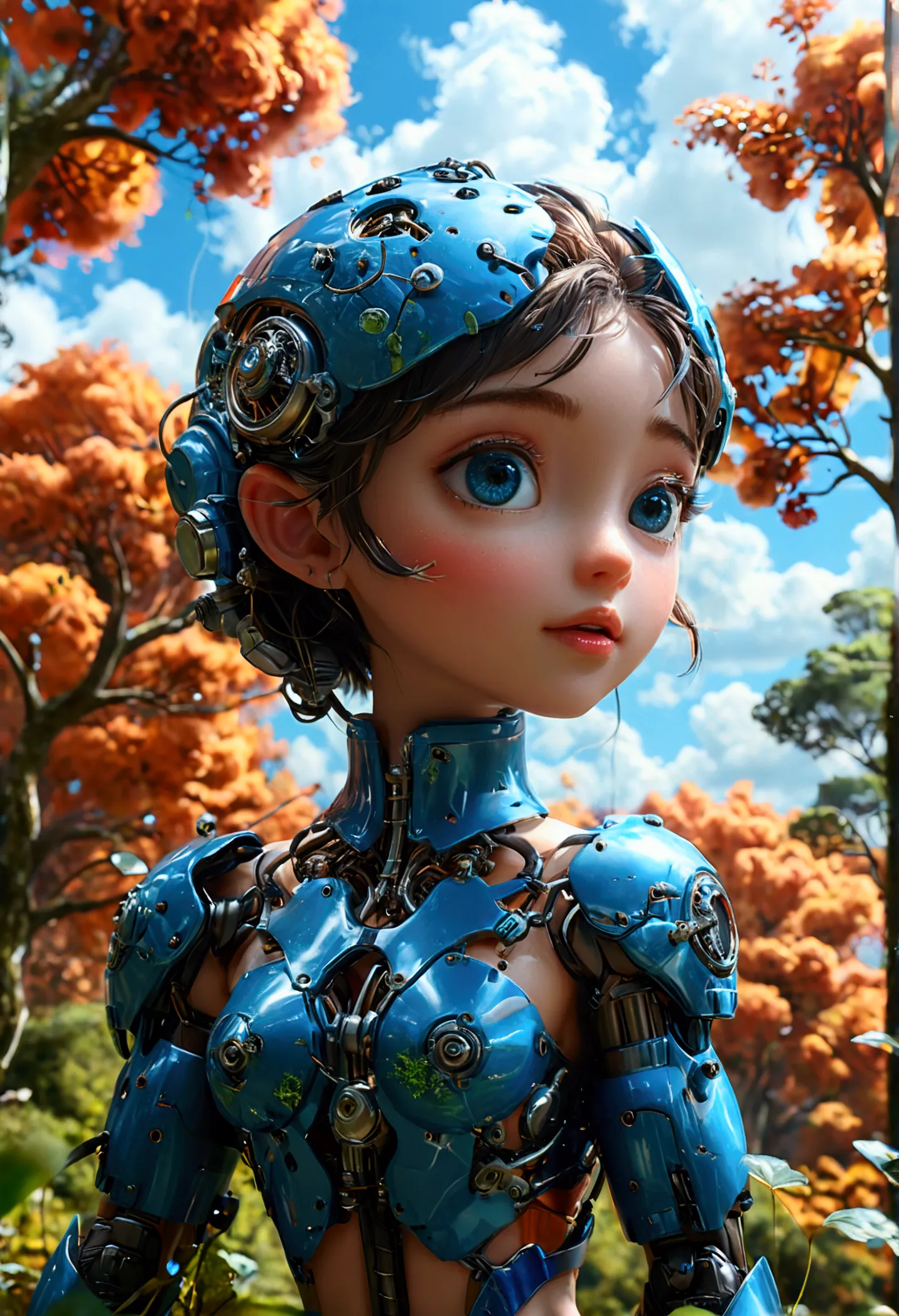 machine-blended machine lifeform_big eyes, cute: delicate details, through a vast and beautiful landscape , surrounded by lush n...