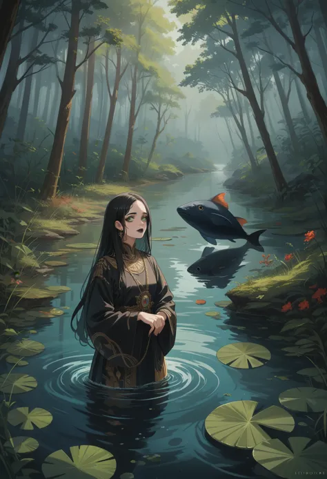 girl 1,вокруг туман и a mystic,natural river in ancient forest, mirror reflection on the river,gorgeous beautiful face, neckline...