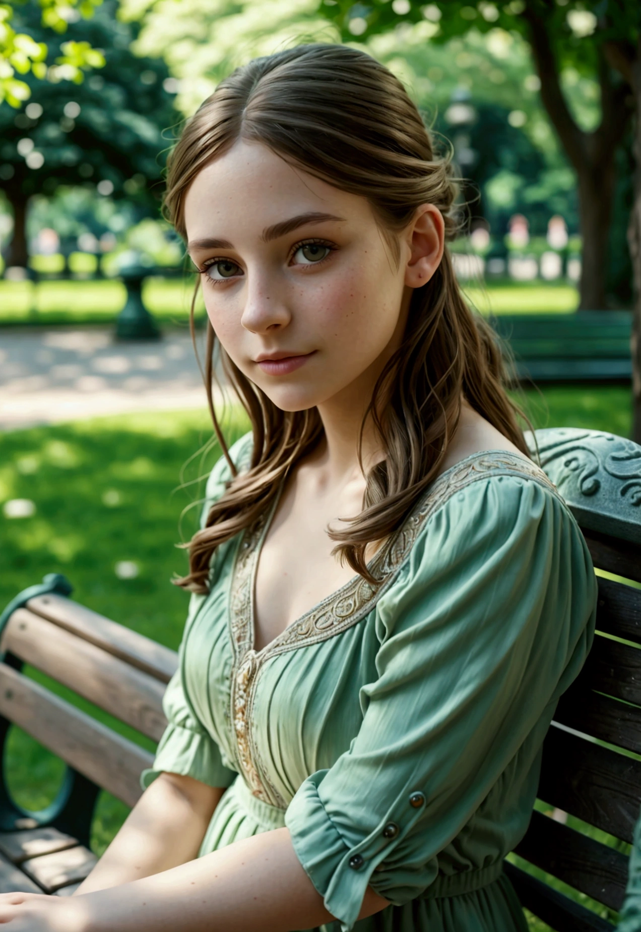 a Фотореалистичный portrait of Emma, 1 Девушка сидит на скамейке в парке, очень детальное лицо и глаза, длинные ресницы, сложные детали, детальная парковая среда, пышная листва, богато украшенная каменная скамья, теплое освещение, Мягкий фокус, реалистичные тени, яркие цвета, Кинематографическая композиция, шедевр, 8К, Фотореалистичный