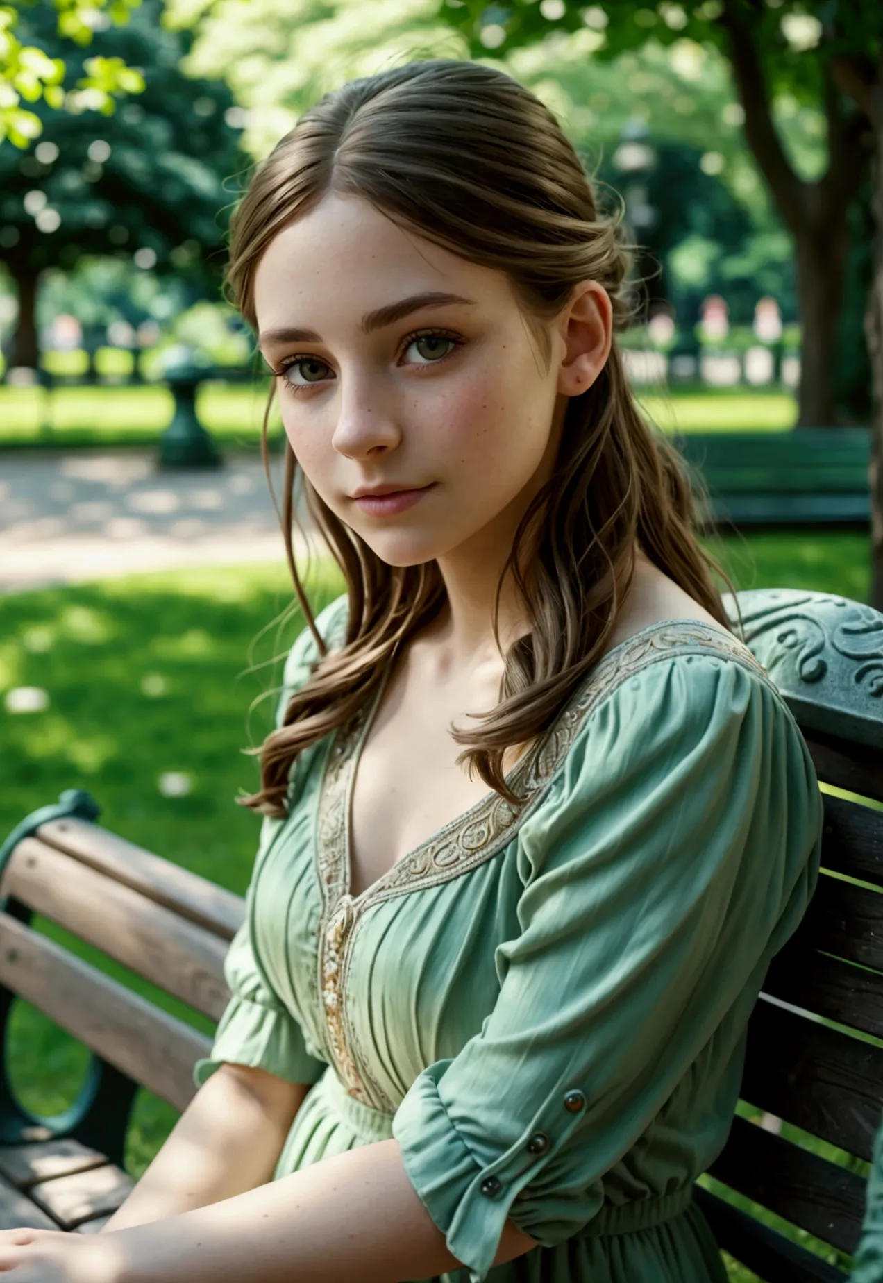 a photorealistic portrait of emma, 1 girl sitting on a park bench, extremely detailed face and eyes, long eyelashes, intricate d...