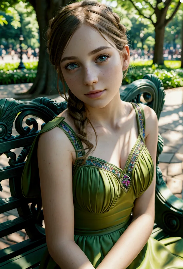 a photorealistic portrait of Emma, 1 girl sitting on a park bench, extremely detailed face and eyes, long eyelashes, intricate d...