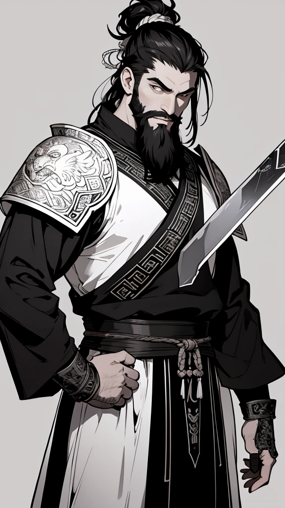 (((集中線のMonochromeイラスト)))、(((Monochrome)))、,Oriental、Men in ancient Chinese costumes、(ancient chinese hairstyle male)、As seen in the Romance of the Three Kingdoms々military commander、(Highest quality、masterpiece、Ultra-high resolution)、(Long beard)、(Embroidered cloth wrapped around a topknot) ,(White Armor, metal dragon head on the shoulder, Holding a sword,(long heavy black beard):1.2), (White Armor with intricate pattern:1.2), gloves, Long trousers, (Very detailed, bloom:1.5), (Highest quality, Concept Art, 4K), (analog:1.2), (high sharpness), (Detailed pupil:1.1), (Painting:1.1), (digital Painting:1.1), Detailed face and eyes, masterpiece, Highest quality, (Very detailed写真:1.1), 8k, , (Dark Hair, Dynamic Short Hair), (Pyros Face_v1:0.2), [:(Detailed face:1.2):0.2], sharp, 