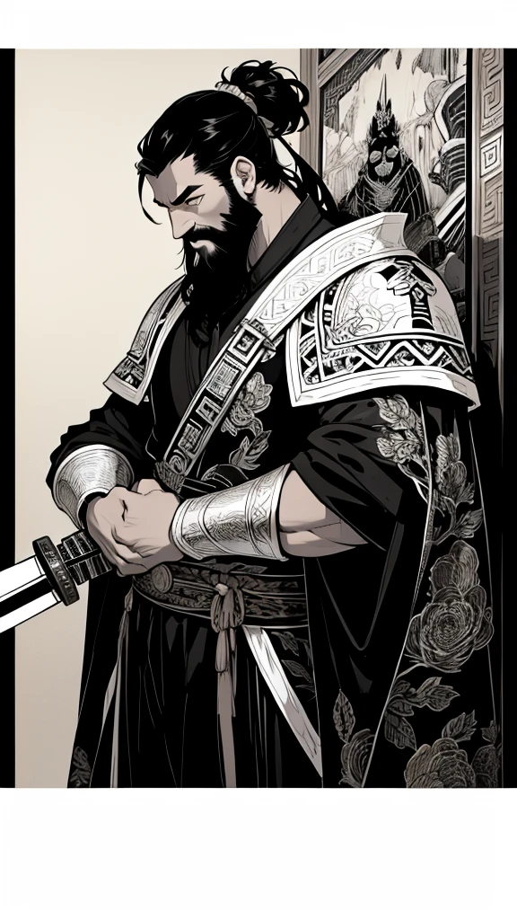 (((集中線のMonochromeイラスト)))、(((Monochrome)))、,Oriental、Men in ancient Chinese costumes、(ancient chinese hairstyle male)、As seen in the Romance of the Three Kingdoms々military commander、(Highest quality、masterpiece、Ultra-high resolution)、(Long beard)、(Embroidered cloth wrapped around a topknot) ,(White Armor, metal dragon head on the shoulder, Holding a sword,(long heavy black beard):1.2), (White Armor with intricate pattern:1.2), gloves, Long trousers, (Very detailed, bloom:1.5), (Highest quality, Concept Art, 4K), (analog:1.2), (high sharpness), (Detailed pupil:1.1), (Painting:1.1), (digital Painting:1.1), Detailed face and eyes, masterpiece, Highest quality, (Very detailed写真:1.1), 8k, , (Dark Hair, Dynamic Short Hair), (Pyros Face_v1:0.2), [:(Detailed face:1.2):0.2], sharp, 