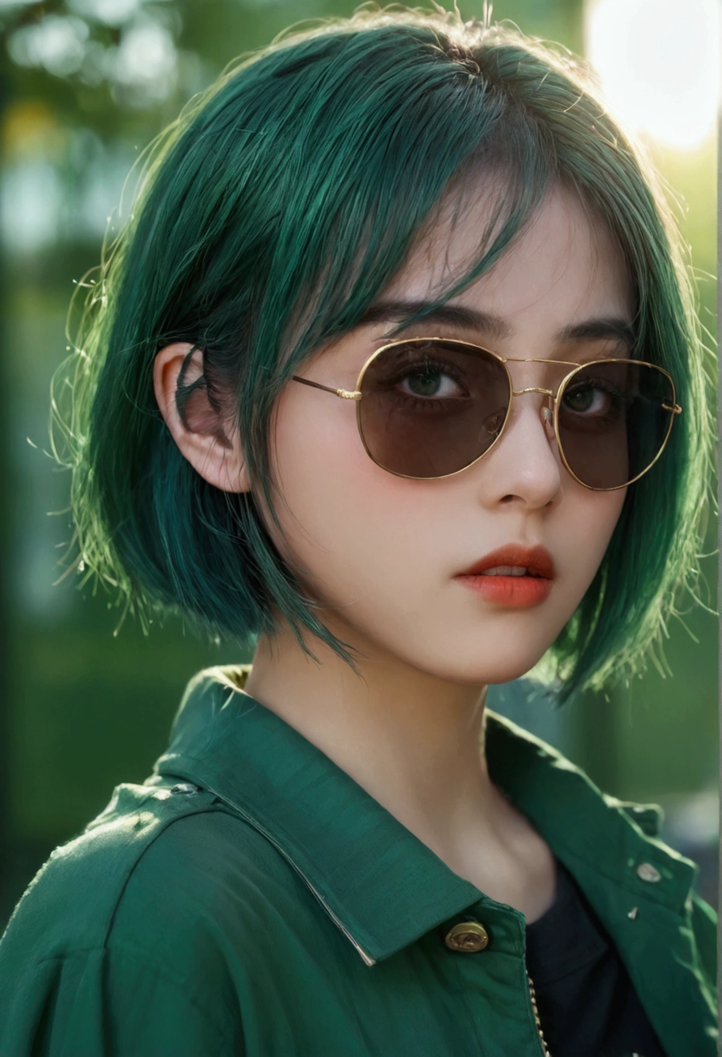 a girl with green short hair wearing sunglasses,1girl,detailed face,beautiful detailed eyes,beautiful detailed lips,extremely detailed eyes and face,long eyelashes,detailed clothing,nature background,sunlight,colorful,vibrant colors,high quality,8k,photorealistic,ultra-detailed,professional,masterpiece,cinematic lighting,portrait, cyberpunk