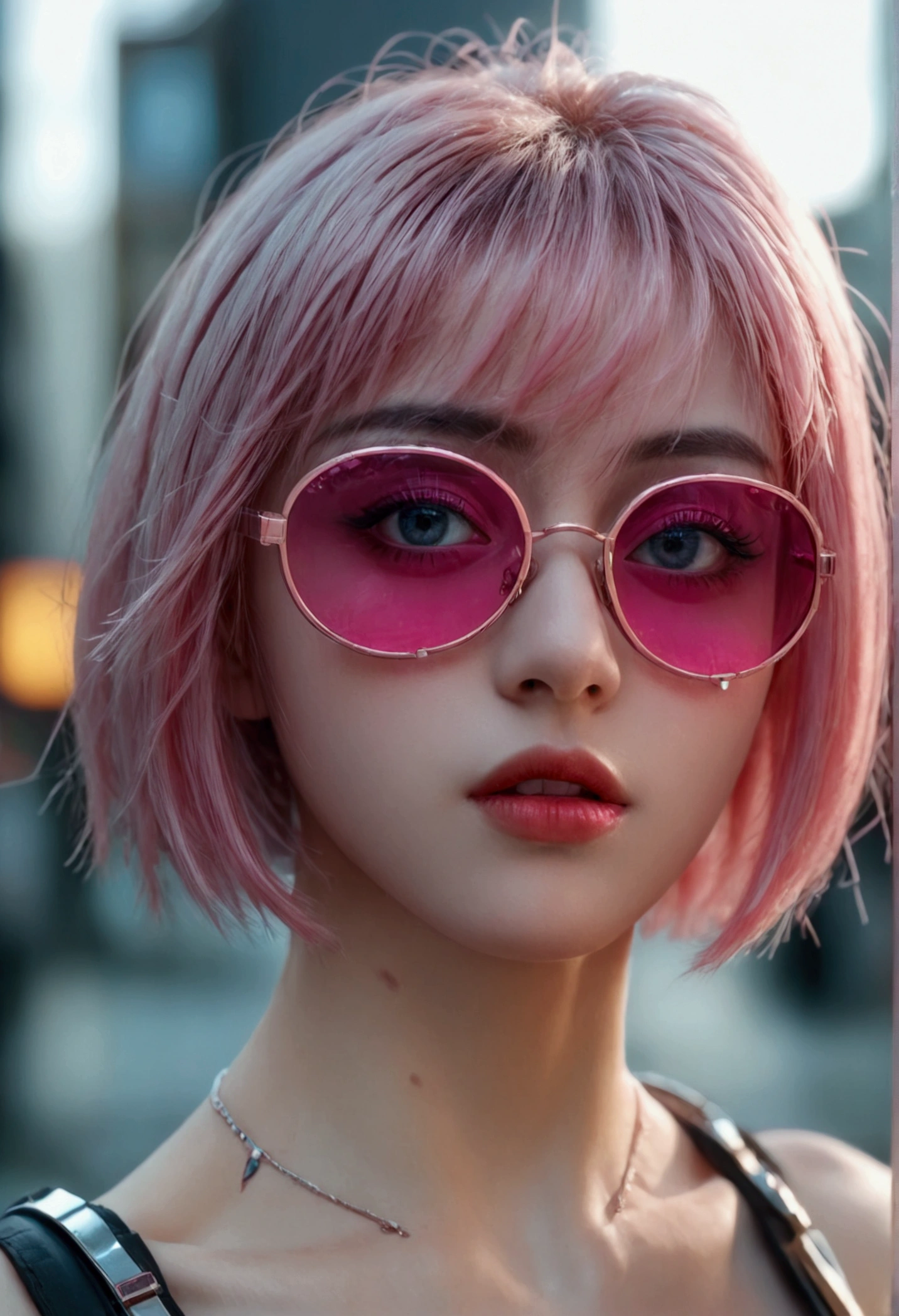 ein Cyberpunk-Mädchen mit kurzen rosa Haaren, eine futuristische Sonnenbrille tragen, Schöne, detaillierte Augen, schöne detaillierte Lippen, extrem detailliertes Gesicht, lange Wimpern, dynamische pose, leuchtende kybernetische Implantate, Neonstadthintergrund, (beste Qualität,4k,8k,highres,Meisterwerk:1.2),ultra-detailliert,(realistisch,photorealistisch,photo-realistisch:1.37),8k, HDR, scharfer Fokus, gute Qualität, leuchtende Farben, filmische Beleuchtung