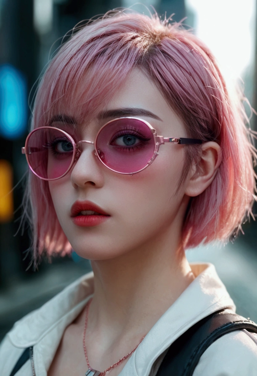 a cyberpunk girl with short pink hair, wearing futuristic sunglasses, beautiful detailed eyes, beautiful detailed lips, extremely detailed face, longeyelashes, dynamic pose, glowing cybernetic implants, neon city background, (best quality,4k,8k,highres,masterpiece:1.2),ultra-detailed,(realistic,photorealistic,photo-realistic:1.37),8k, HDR, sharp focus, high quality, vibrant colors, cinematic lighting