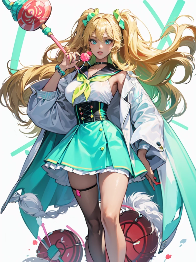 same character, 1 girl, (gyaru), [ganguro],  full body, long blonde hair, dark skinned girl, curly hair, light blue eyes, eye shadow (neon green), neon green lipstick, neon yellow nail polish, big breasts, [huge breasts], micro bikini, (miccro bikini top only) white coat, open coat, black sailor collar, [miniskirt], aquamarine pencil skirt, (high waist skirt: 1.5), (neon green thighhighs), sports shoes, (platform sports shoes) and high heels, wide beaded bracelets, female warrior, weapon, [mace], (holding a translucent red lollipop hammer: 1.5) in her right hand), buckler, (on her left arm a mint candy buckler: 1.0), standing, legs spread,white background 