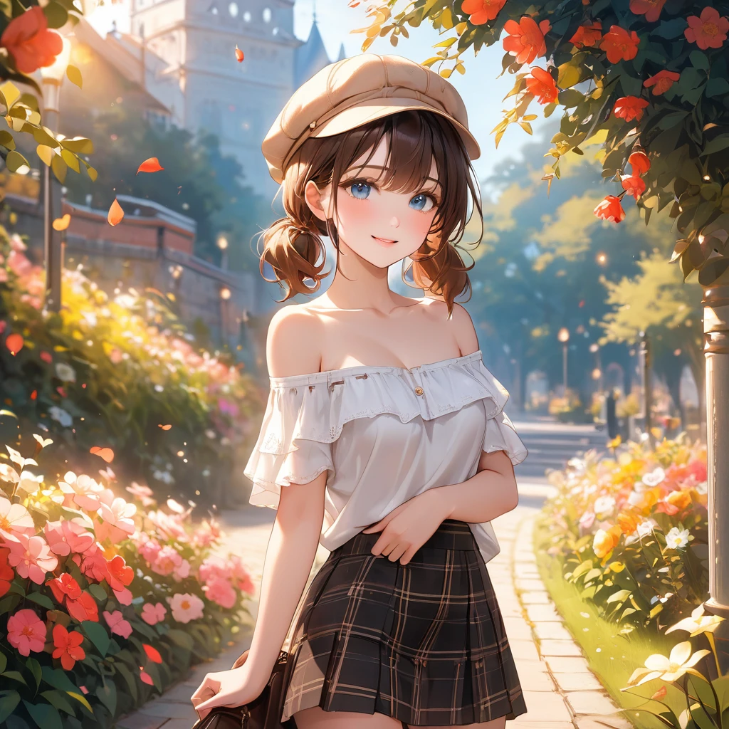 (​masterpiece),(top-quality:1.2),(1girl),exquisitedetails,vibrant colors,soft tones, Warm atmosphere, Gentle lighting,slender white body,(black colored plaid short skirt:1.3),(beige colored off shoulder clothes),(beige colored newsboy cap),(middle twin-tailed brunette hair:1.3),beautiful detailed blue eyes,pale skin,cowboy shot,kindly smile,overflowing soft and gentle feelings,(The promenade is full of flowers), Warm golden glow,romantic,rich and colorful,create an ethereal atmosphere like a dream,and the lighting is soft and diffused,make her beauty more vivid,silky to the touch,film lighting