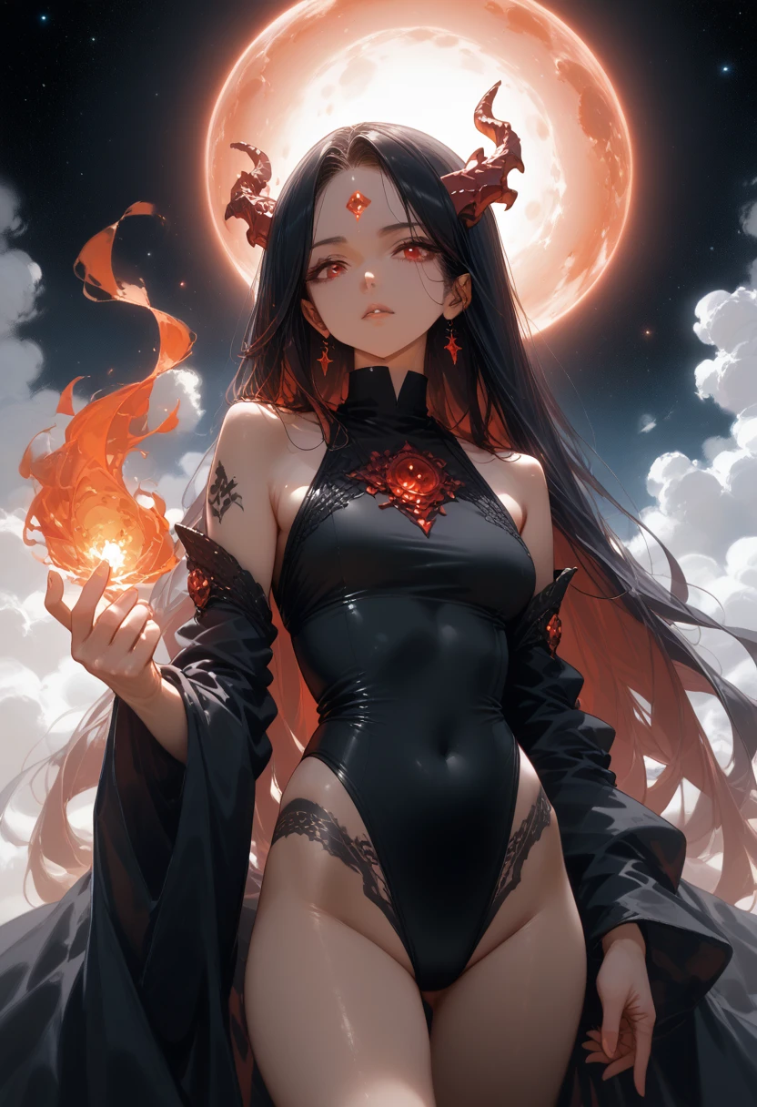 anime girl,chains,dark colors,sexy,a mystic,Clear drawing деталей,Two hair colors Red-Green,Dark and Captivating,Clear drawing Тела,One hand with a dragon tattoo,tight underwear,Black Nebula,And magic with fire,ultra detail,bright colors,Clear drawing,long hair,Beautiful make-up,8k Drawing,Shine 