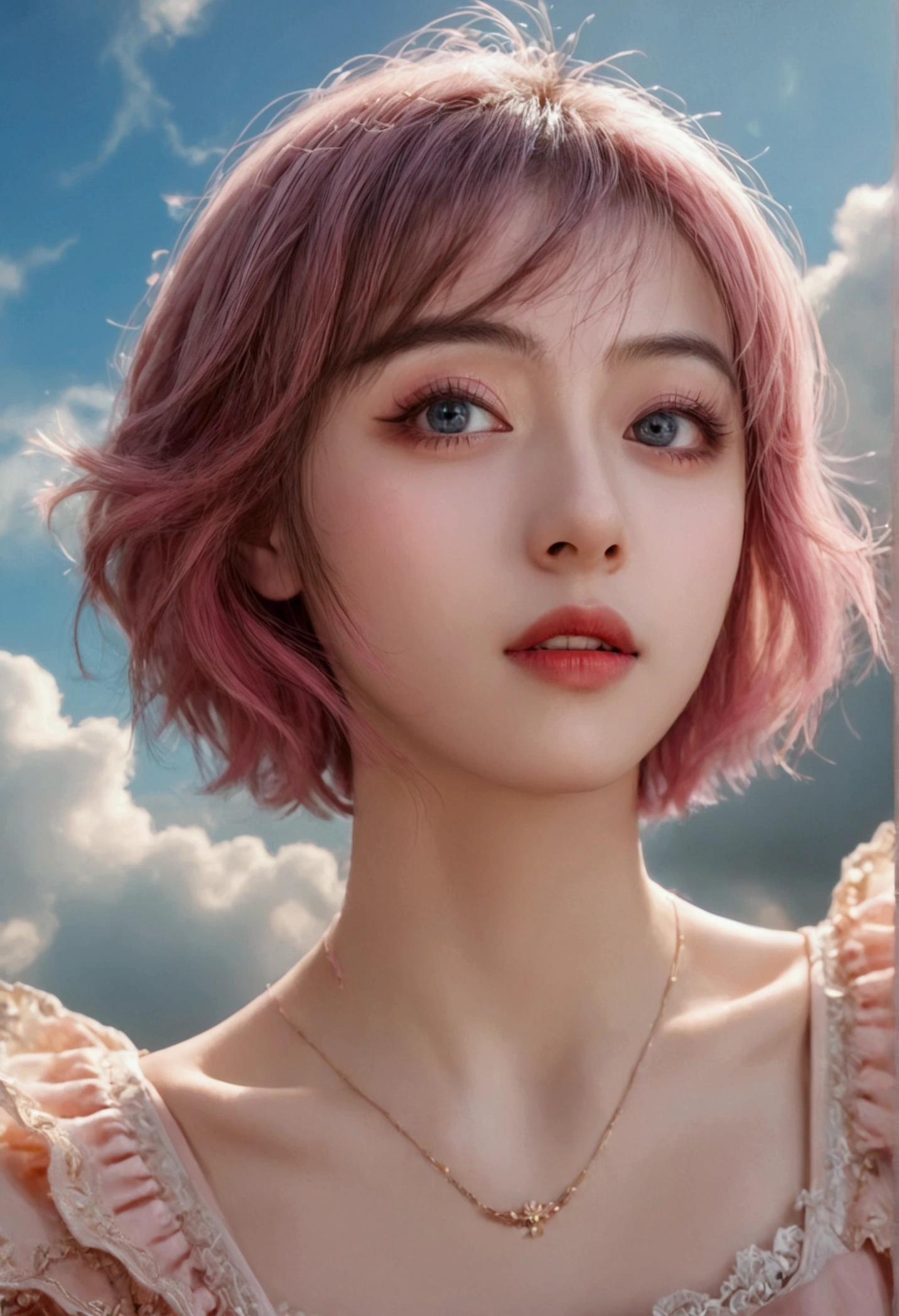 ein junges Mädchen mit rosa kurzen Haaren, durch den Himmel fliegen, Schöne, detaillierte Augen, schöne detaillierte Lippen, extrem detailliertes Gesicht, lange Wimpern, Elegante Pose, Sonnenlicht strömt durch die Wolken, leuchtende Farben, filmische Beleuchtung, traumhafte Atmosphäre, digital art, detaillierter Hintergrund, komplizierte Details, Meisterwerk, sehr detailliert, 8k, fotorealistisch, professionelle Studiobeleuchtung