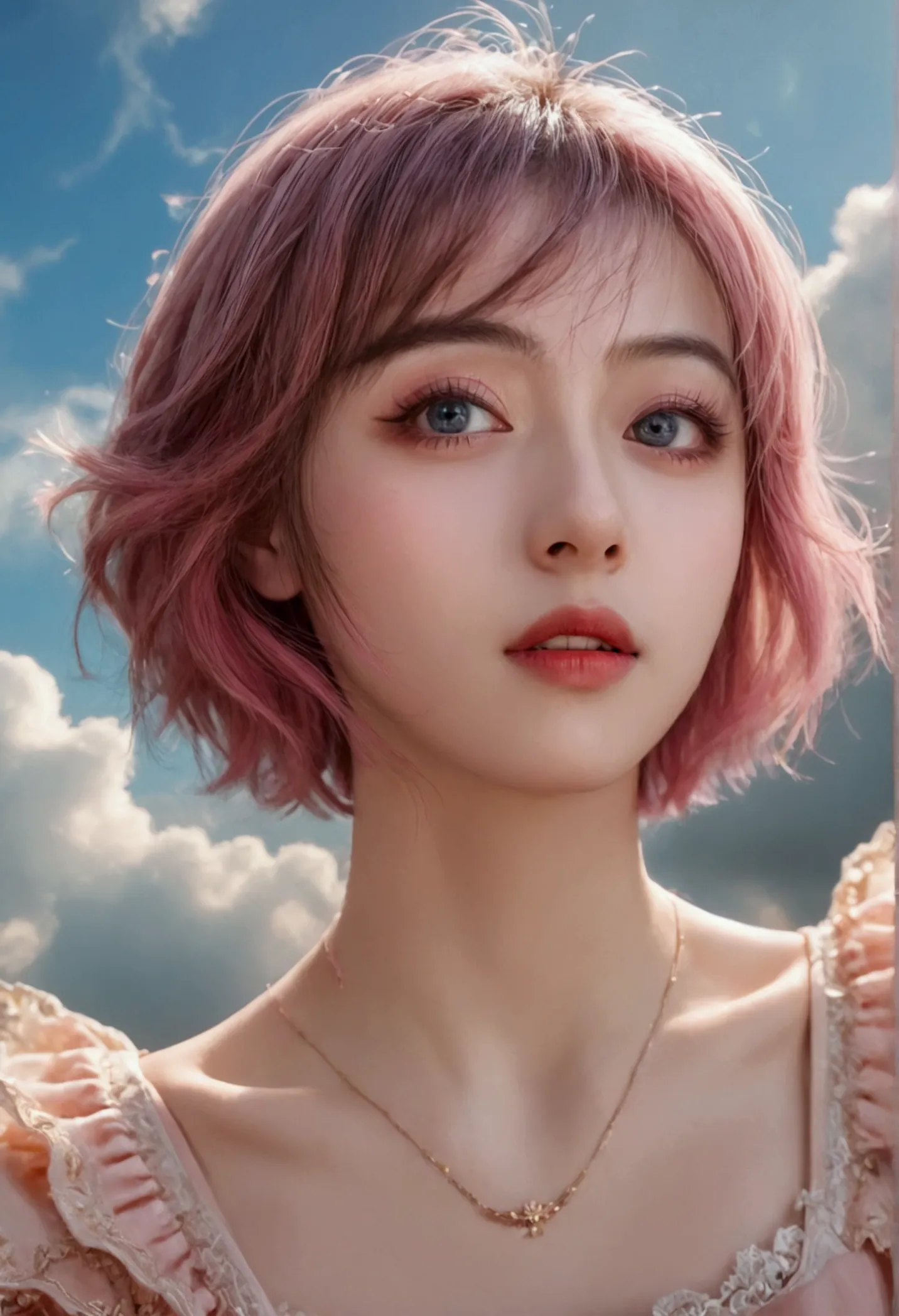 a young girl with pink short hair, flying through the sky, beautiful detailed eyes, beautiful detailed lips, extremely detailed ...