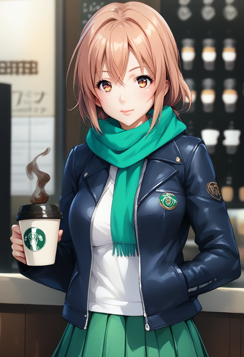 score_9, score_8_up, score_7_up, uncensored, source_anime, 1girl, solo, masterpiece, best quality, detailed face, face focus, BREAK hirasawa_yui, 1girl, solo, scarf, jacket, coffee shop, pleated skirt, 