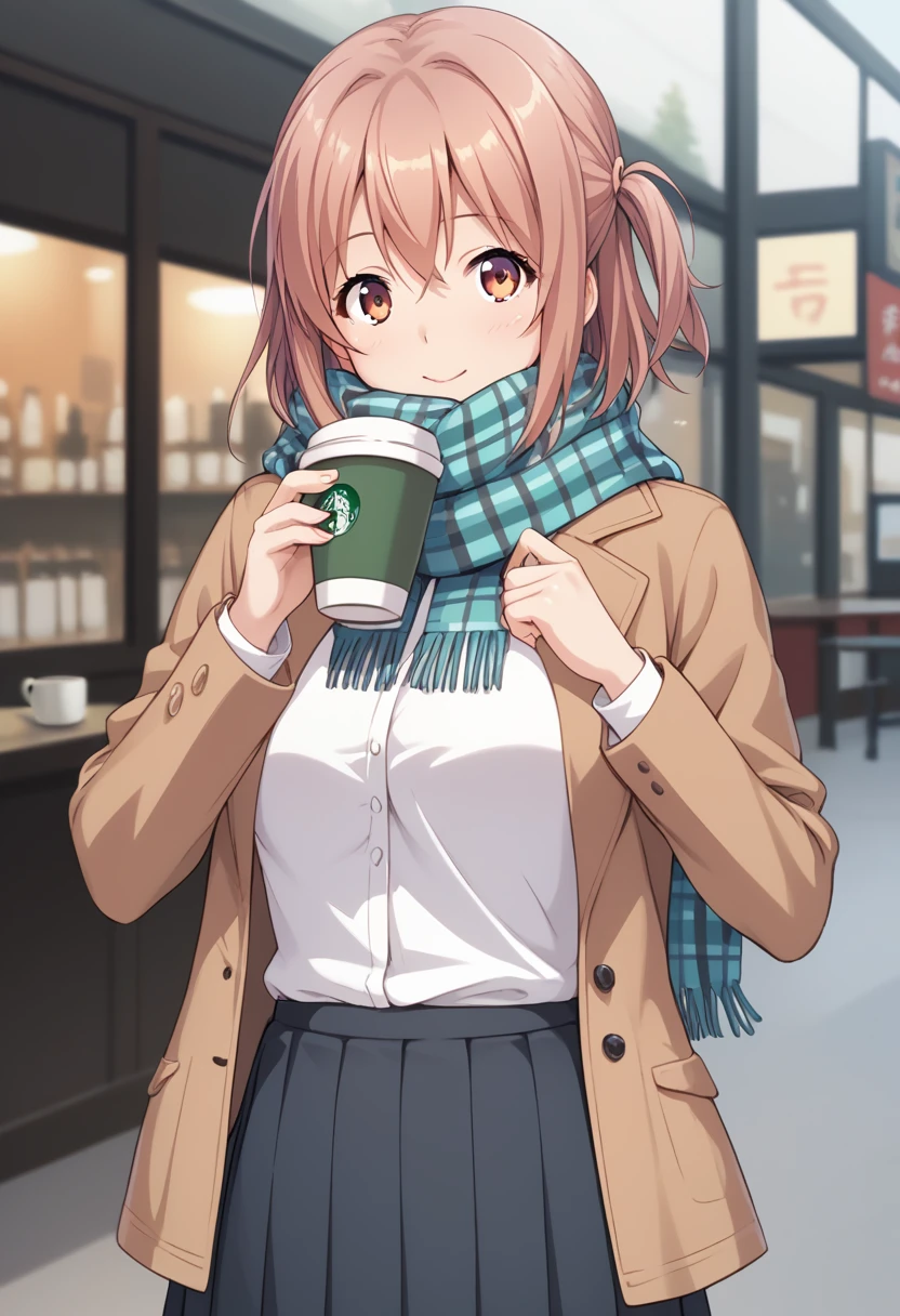 score_9, score_8_up, score_7_up, uncensored, source_anime, 1girl, solo, masterpiece, best quality, detailed face, face focus, BREAK hirasawa_yui, 1girl, solo, scarf, jacket, coffee shop, pleated skirt, 