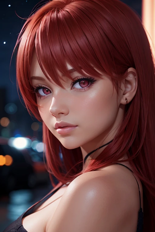 One girl, Star Eye, blush, Perfect lighting, Redhead, Red eyes, Unreal Engine, Side light, Detailed face, bangs, Light Skin, Simple Background, Night Background,