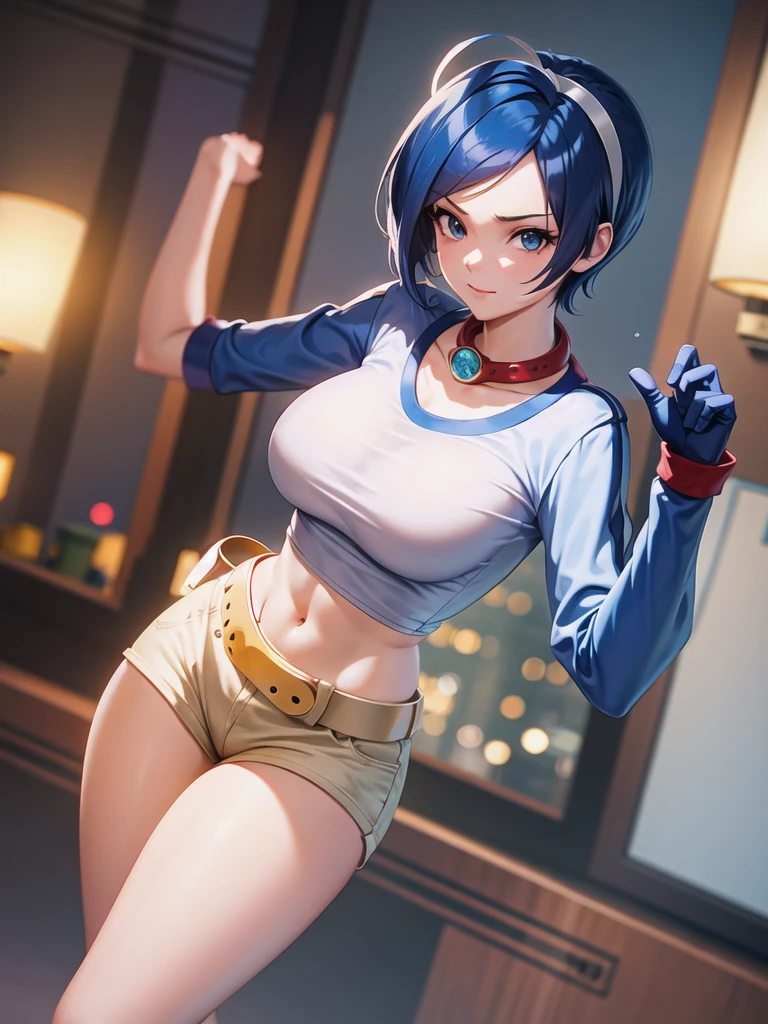 (at night), alone, in a video game scene a background of a beautiful city during the day raining, standing at attention, semi-short blue hair, anime frog face blouse, white flared pants, wears blue exercise gloves, has round glasses on her head, WEARS a RED scarf around her neck, huge belt with big round evilla, ((blue hair)), 1 girl, alone, 20 years old, young woman, perfect hands, beautiful and perfect fingers, long legs beautiful, perfect legs, beautiful body, beautiful nose, beautiful character design, perfect face, look at the viewer with serious gesture and in attack position (focusing on his face), closed mouth, Light_Smile, official art, CG unity wallpaper Extremely detailed 8k, perfect lighting, bright and colorful front lighting, glowing skin (masterpiece: 1.0), (best_quality: 1.0), ultra-high resolution, 4K, ultra-detailed photography, 8K, HDR, high resolution, nonsense: 1.2, Kodak portra 400, film grain, blurred background, bokeh: 1.2, lens flare, (vibrant_color:1.2), professional photography, (beautiful_face: 1.5), (narrow waist),
