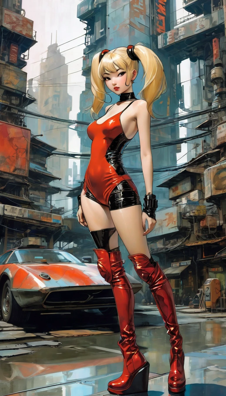 Future sexy asian blonde girl with twin-tails in a futuristic city.1.5, rusty metal city, lots of details, cars, buildings, billboards, nude and very tight tank top, red latex thigh high stocking extreme-highheel-wedge boots , standing pose (Dave Mckean inspired art, intricate details, oil painting)
