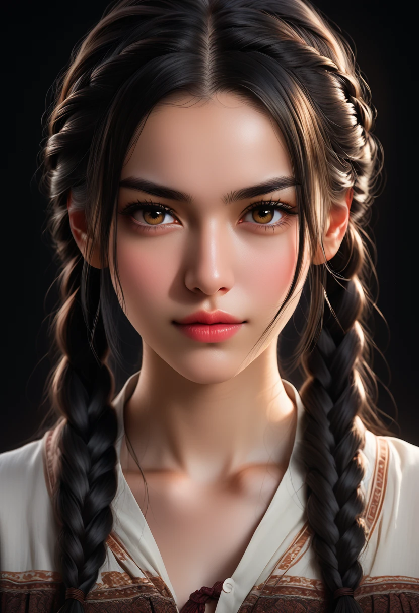 A beautiful young woman with narrowed eyes, a smirk on her face, and long black braided hair, 1girl, detailed facial features, beautiful detailed eyes, beautiful detailed lips, extremely detailed face, long eyelashes, dark braided hair, serious expression, photo-realistic, cinematic lighting, highly detailed, 8k, masterpiece, hyper-realistic, photorealistic, intricate details, dramatic lighting, warm color tones