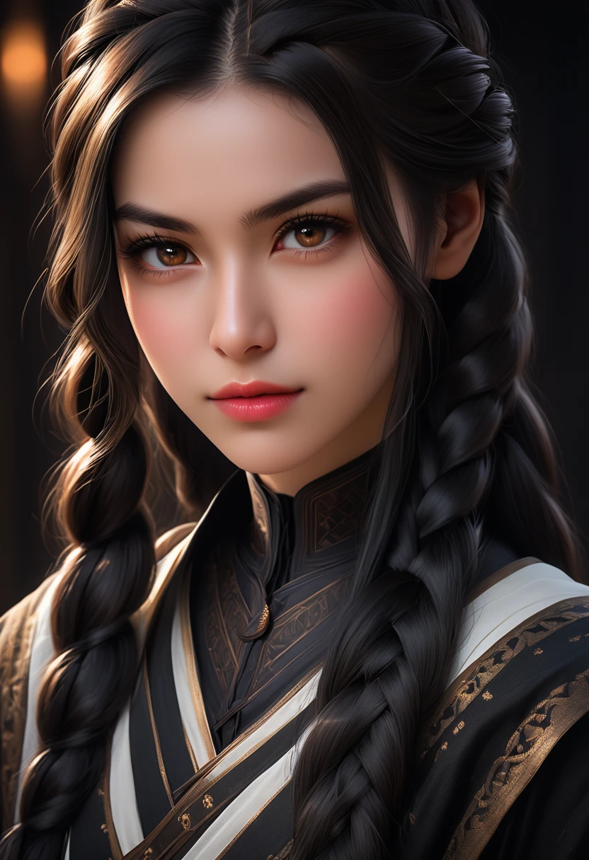 A beautiful young woman with narrowed eyes, a smirk on her face, and long black braided hair, 1girl, detailed facial features, beautiful detailed eyes, beautiful detailed lips, extremely detailed face, long eyelashes, dark braided hair, serious expression, photo-realistic, cinematic lighting, highly detailed, 8k, masterpiece, hyper-realistic, photorealistic, intricate details, dramatic lighting, warm color tones