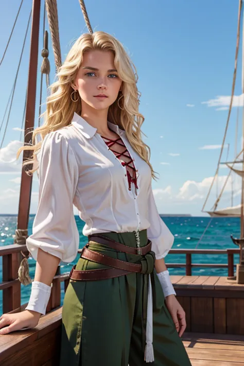 beautiful female pirates of 18th century europe、20 years old、wavy blonde hair fluttering in the wind、a beautiful and elegant fac...