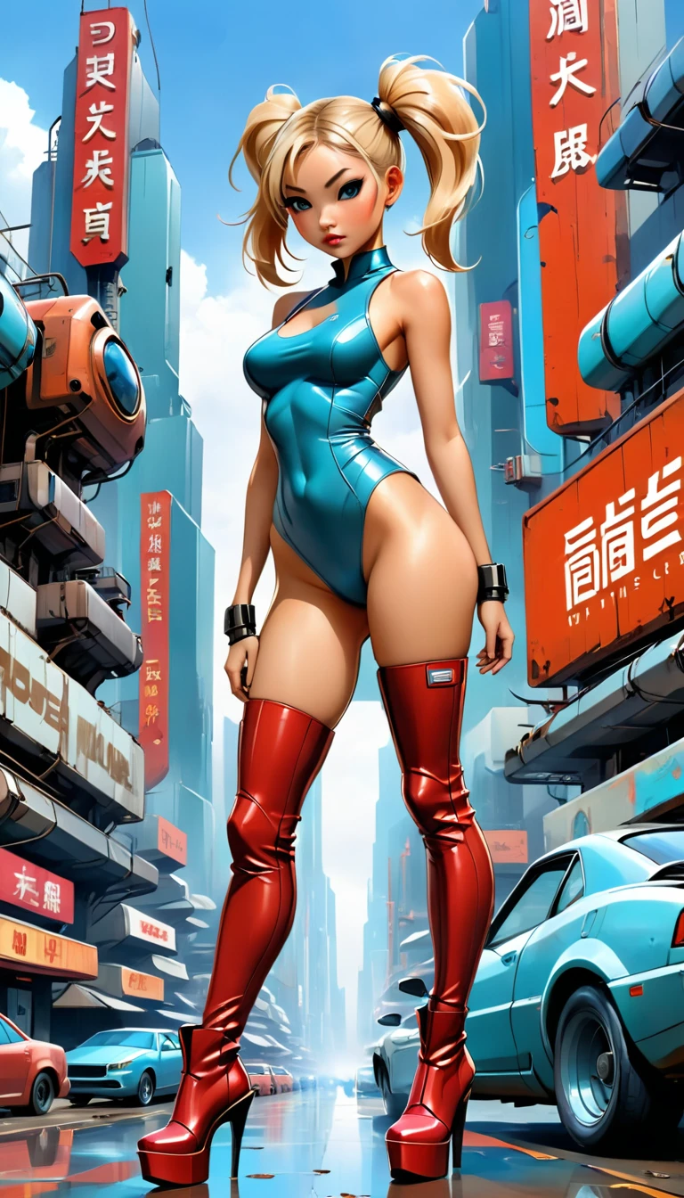 Future sexy asian blonde girl with twin-tails in a futuristic city.1.5, rusty metal city, lots of details, cars, buildings, billboards, nude and very tight tank top, red latex thigh high stocking extreme-highheel-wedge boots , standing pose (Dave Mckean inspired art, intricate details, oil painting)
