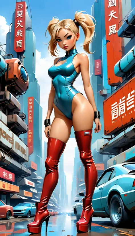 Future sexy asian blonde girl with twin-tails in a futuristic city.1.5, rusty metal city, lots of details, cars, buildings, bill...