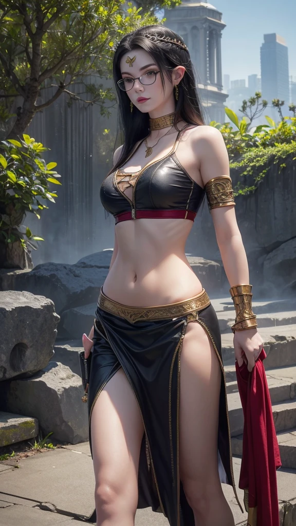 Best quality,tmasterpiece,8k wallpaper,sporty attire，frontal photos，Large breasts，looking at the camera in，Off-the-shoulder attire，Ridiculous resources, A high resolution, ultra - detailed, (1 young beautiful girl, alone:1.1),Long gray hair, nico robin, black hair color hair, mediuml breasts, (put glasses on head:1.3),septum, navel, sun glasses,sarong, Large breasts, clavicle, zippers, Crop top, eBlue eyes, short- sleeved, Hair combed back, Lop, stomach, partial decompression, jaket, Printed sarong,hand on ass,A plant, water, Eternal, ruins,optics_Rays,