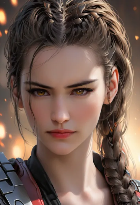 femterminatorcos a beautiful young woman with narrowed eyes, a smirk on her face, and long black braided hair, 1girl, detailed f...