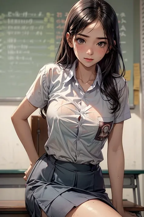 1girl, cewe-sma, wear  white shirt grey skirt, sat on class desk, seducing pose, wet shirt because sweat.