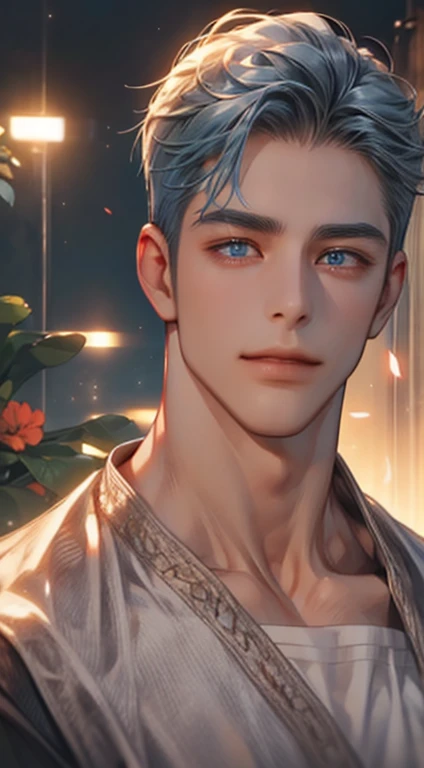 (best quality,4k,8k,highres,masterpiece:1.2),ultra-detailed,(realistic,photorealistic,photo-realistic:1.37),1 man,31 years old,mature man,very handsome,without expression,smile,short grey blue hair,blue eyes,penetrating gaze,perfect face without errors,imposing posture,businessman,office background,cinematic lighting,hdr image