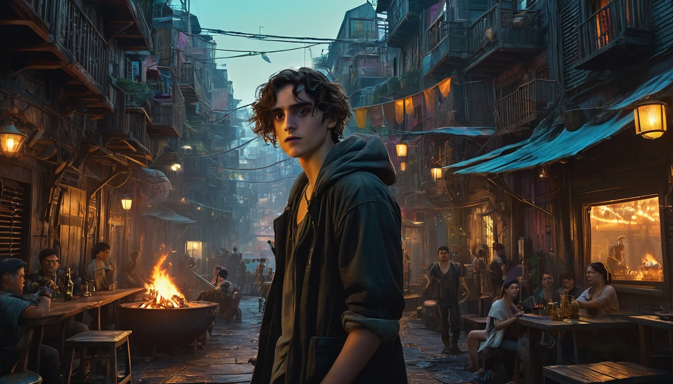 (mejor calidad,4k,8K,alta resolución,obra maestra:1.2),ultra detallado,(Realista,photoRealista,photo-Realista:1.37) mostrando un callejón ciberpunk en una isla pirata, (¿es Timothée Chalamet con Dakota Fanning) en una reunión, mirando a un gato bailar junto a una fogata, hay muchas bebidas, al estilo de William Adolphe Bouguereau