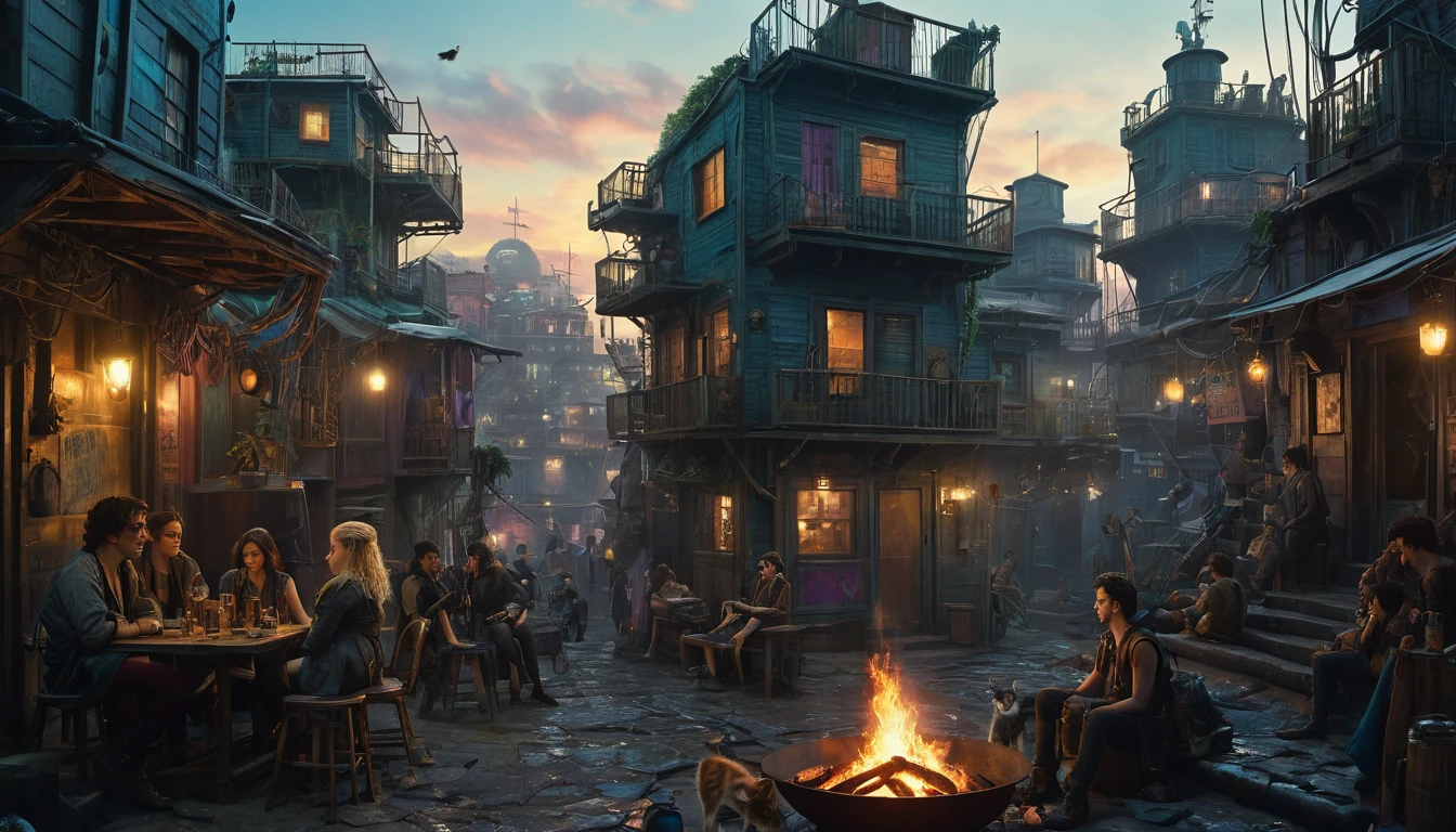 (best quality,4k,8k,highres,masterpiece:1.2),ultra-detailed,(realistic,photorealistic,photo-realistic:1.37) showing a Cyberpunk alley on a pirate island, (is Timothée Chalamet with Dakota Fanning) in a gathering, watching a cat dance by a campfire, there are many drinks, in the style of William Adolphe Bouguereau