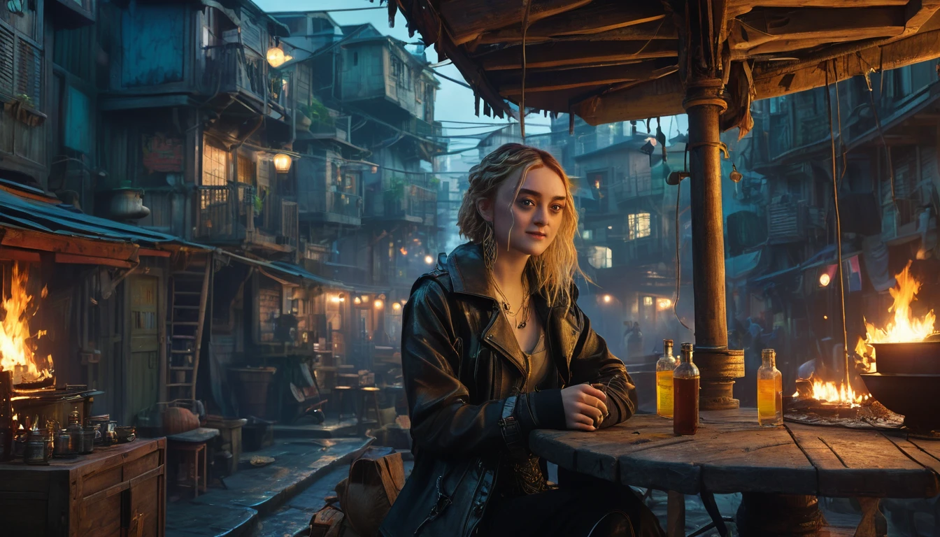 (best quality,4k,8k,highres,masterpiece:1.2),ultra-detailed,(realistic,photorealistic,photo-realistic:1.37) showing a Cyberpunk alley on a pirate island, (is Timothée Chalamet with Dakota Fanning) in a gathering, watching a cat dance by a campfire, there are many drinks, in the style of William Adolphe Bouguereau