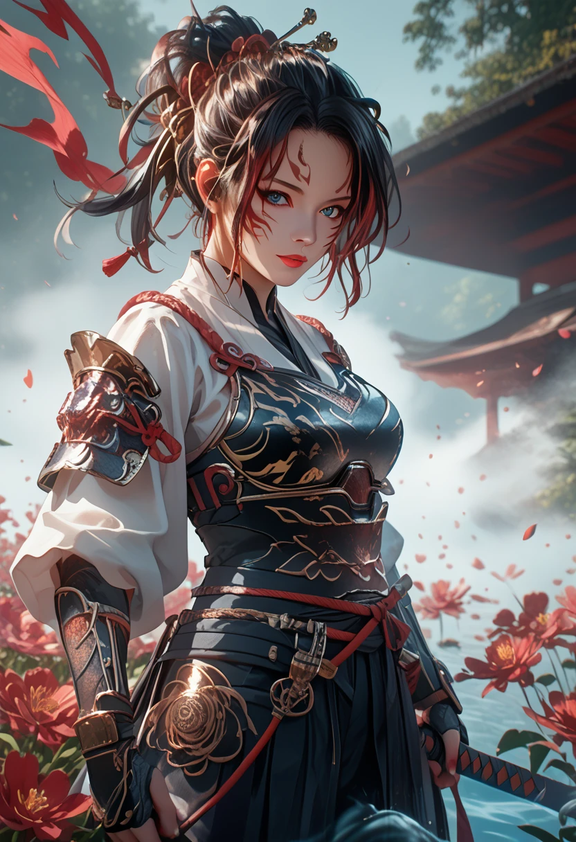 Anime Girl 1,sexy,beautiful,holds a katana in his hand,hkwarrior, bright colors,Shine,Two hair colors,Clear drawing of details,masterpiece,maximum ideal traits,Средняя beautiful Грудь,Body parts are visible,cloth,Small Armor,Black Mystical Background,Detailed drawing of the Whole Picture,maximum details,Flowers in blood,water,EMOTIONS,ultra detail,High Quality Resolution,Maximum Accurate Drawing,8k-4k Wallpaper,score_9,score_8_up,score_7_up