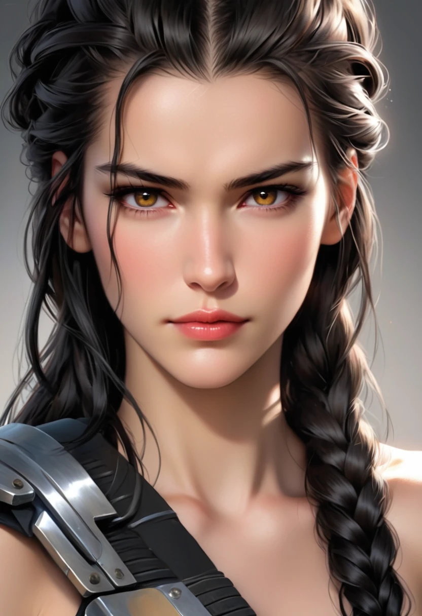 (( FemTerminatorCos )) A beautiful young woman with narrowed eyes, a smirk on her face, and long black braided hair, 1girl, detailed facial features, beautiful detailed eyes, beautiful detailed lips, extremely detailed face, long eyelashes, dark braided hair, serious expression, photo-realistic, cinematic lighting, highly detailed, 8k, masterpiece, hyper-realistic, photorealistic, intricate details, dramatic lighting, warm color tones
