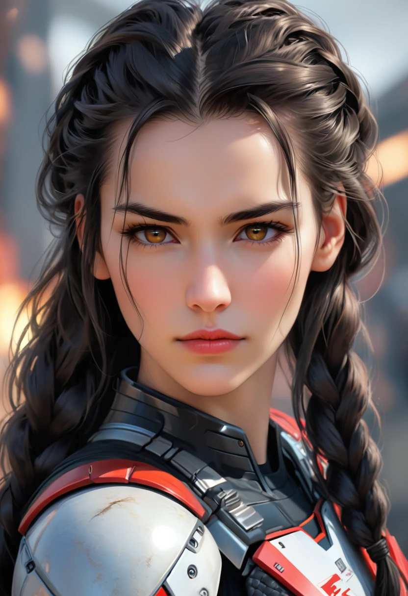 (( FemTerminatorCos )) A beautiful young woman with narrowed eyes, a smirk on her face, and long black braided hair, 1girl, detailed facial features, beautiful detailed eyes, beautiful detailed lips, extremely detailed face, long eyelashes, dark braided hair, serious expression, photo-realistic, cinematic lighting, highly detailed, 8k, masterpiece, hyper-realistic, photorealistic, intricate details, dramatic lighting, warm color tones
