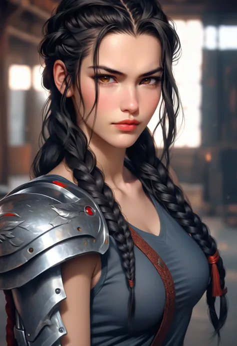 (( femterminatorcos )) a beautiful young woman with narrowed eyes, a smirk on her face, and long black braided hair, 1girl, deta...