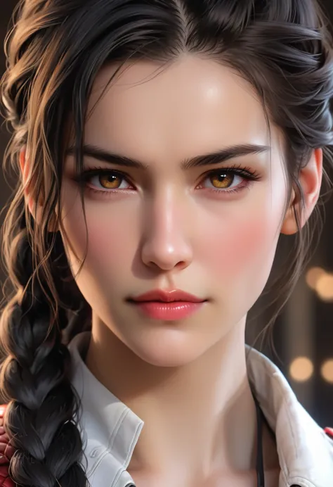 (( femterminatorcos )) a beautiful young woman with narrowed eyes, a smirk on her face, and long black braided hair, 1girl, deta...