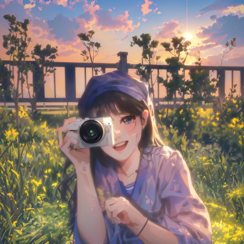 there is a woman taking a picture with a camera in the grass, anime style mixed with fujifilm, photography], 8k selfie photograph, 35mm —w 1920 —h 1080, photography ), taking a picture, camera looking up at her, lofi girl, cute photograph, a picture, lofi girl aesthetic