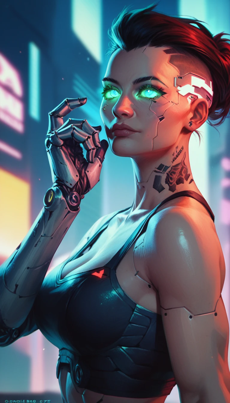 score_9, score_8_up, score_7_up, score_6_up, cyberpunk art, android, cyborg human, robotic limbs, face plates, glowing eyes, futuristic, futuristic city, futuristic city background, gwentstyle, 