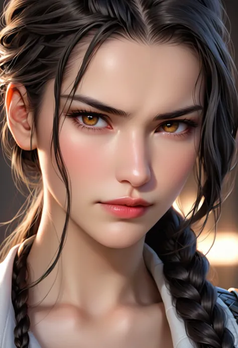 (( femterminatorcos )) a beautiful young woman with narrowed eyes, a smirk on her face, and long black braided hair, 1girl, deta...