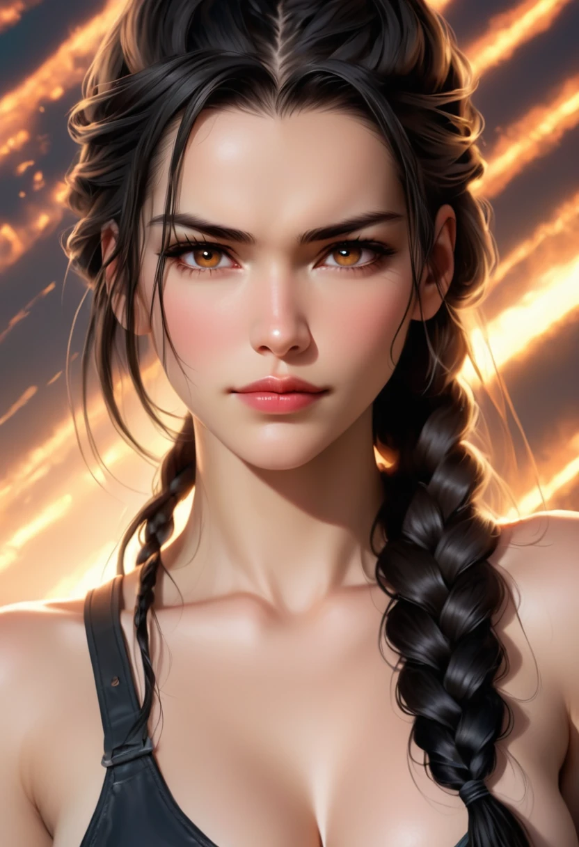 (( FemTerminatorCos )) A beautiful young woman with narrowed eyes, a smirk on her face, and long black braided hair, 1girl, detailed facial features, beautiful detailed eyes, beautiful detailed lips, extremely detailed face, long eyelashes, dark braided hair, serious expression, photo-realistic, cinematic lighting, highly detailed, 8k, masterpiece, hyper-realistic, photorealistic, intricate details, dramatic lighting, warm color tones
